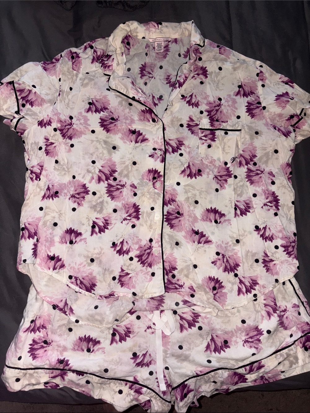 Victoria's Secret Purple Floral Short Sleeve Pajama Set with Black Piping